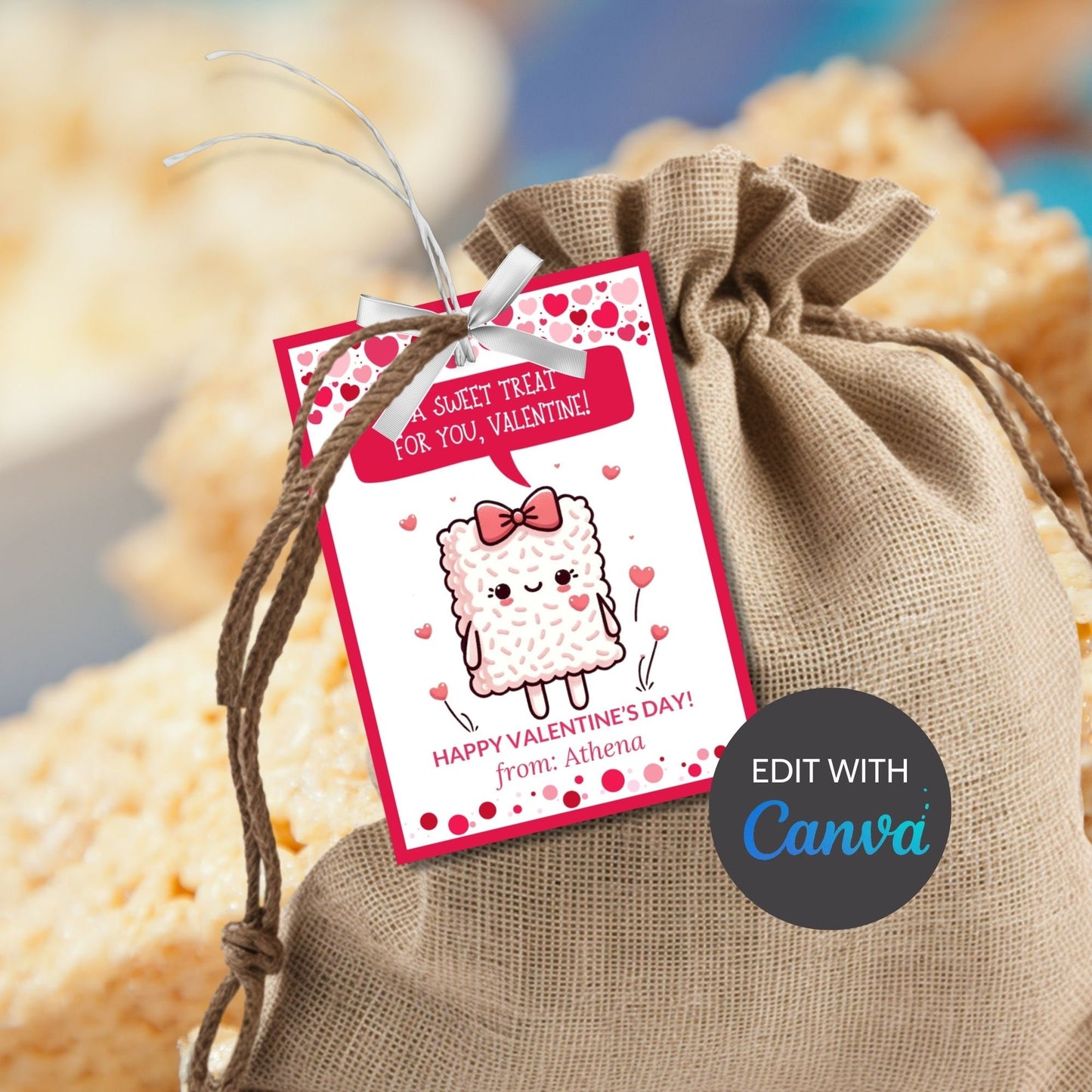 Rice Krispy Treat Printable Valentine Cards | Rice Crispies | Kids Classmate Classroom Friend Snack Bars | Pdf Printable Editable Name