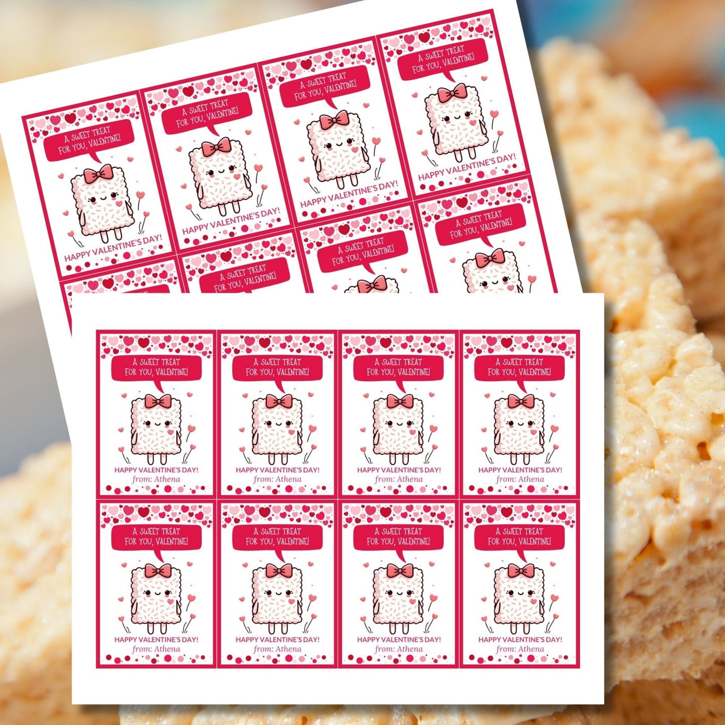 Rice Krispy Treat Printable Valentine Cards | Rice Crispies | Kids Classmate Classroom Friend Snack Bars | Pdf Printable Editable Name