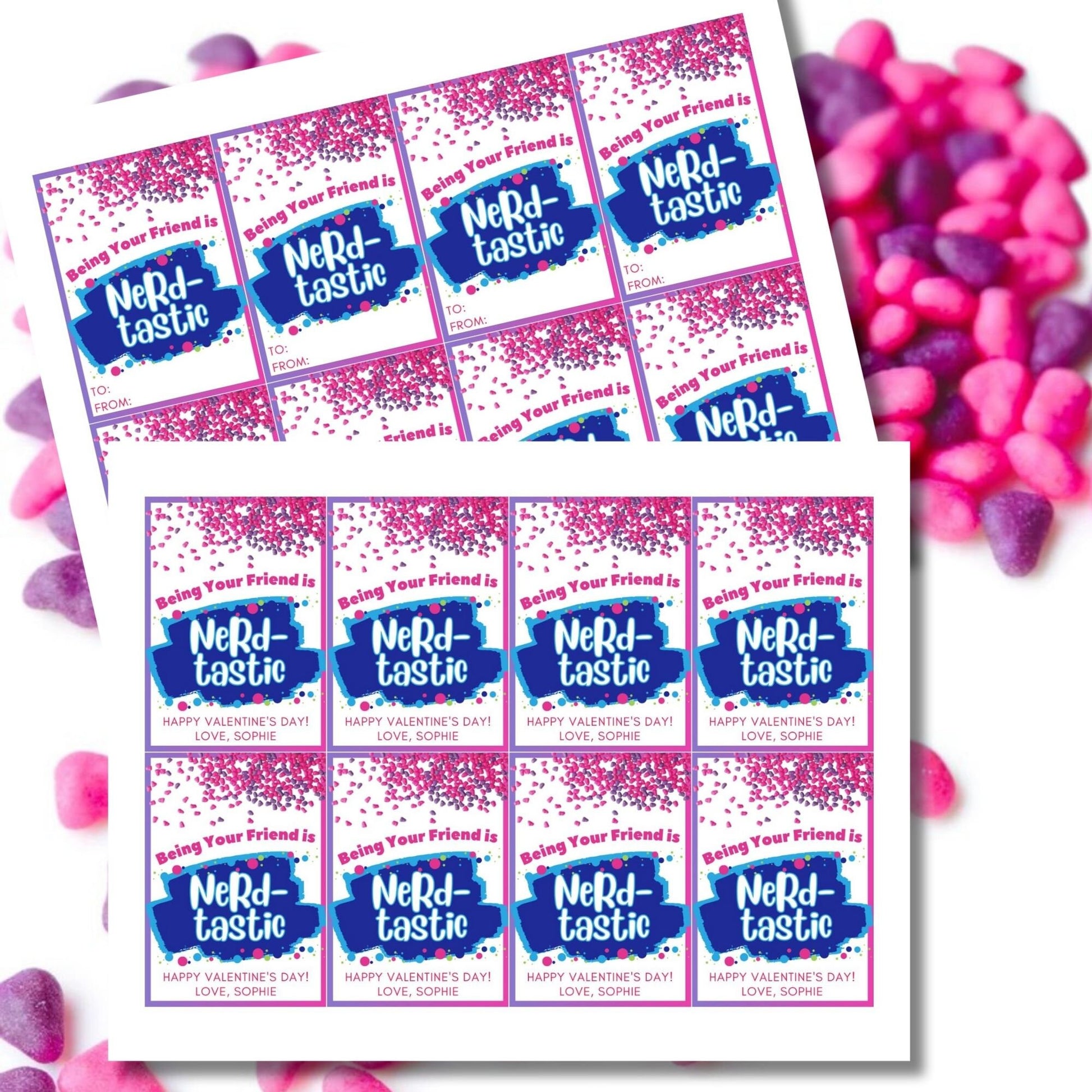 Nerds Candy Printable Editable Valentine Tag | Class Friend Valentine | Nerdtastic | Geek Chick Candy | Nerdy Valentine | Pink Purple Candy