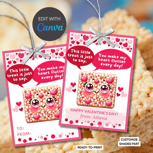 Kids Rice Krispy Crispies Sweet Treat Cute Printable Valentine Card Tag | Classmate Classroom Friend Kawaii Snack Bar Favor Tag