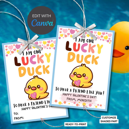 Lucky Duck Valentine Friend Printable Tag | Editable With Canva | Editable Rubber Duck Valentines Day Gift Tags | One Lucky Duck