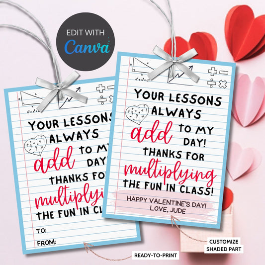 Math Teacher Valentine Gift Tag | Thank You Tag | Educator Student Teacher Staff | Teacher Valentines | Easy | Add Multiply