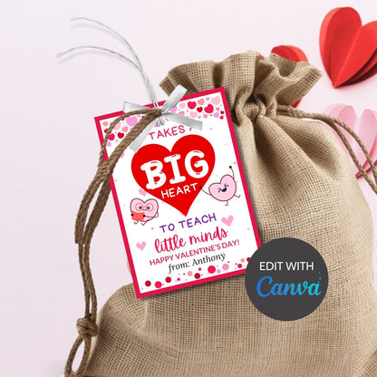 Teacher Appreciation Valentine Tag | It Takes a Big Heart to Teach Little Minds | Teacher Valentine Gift | Teacher Printable Valentines