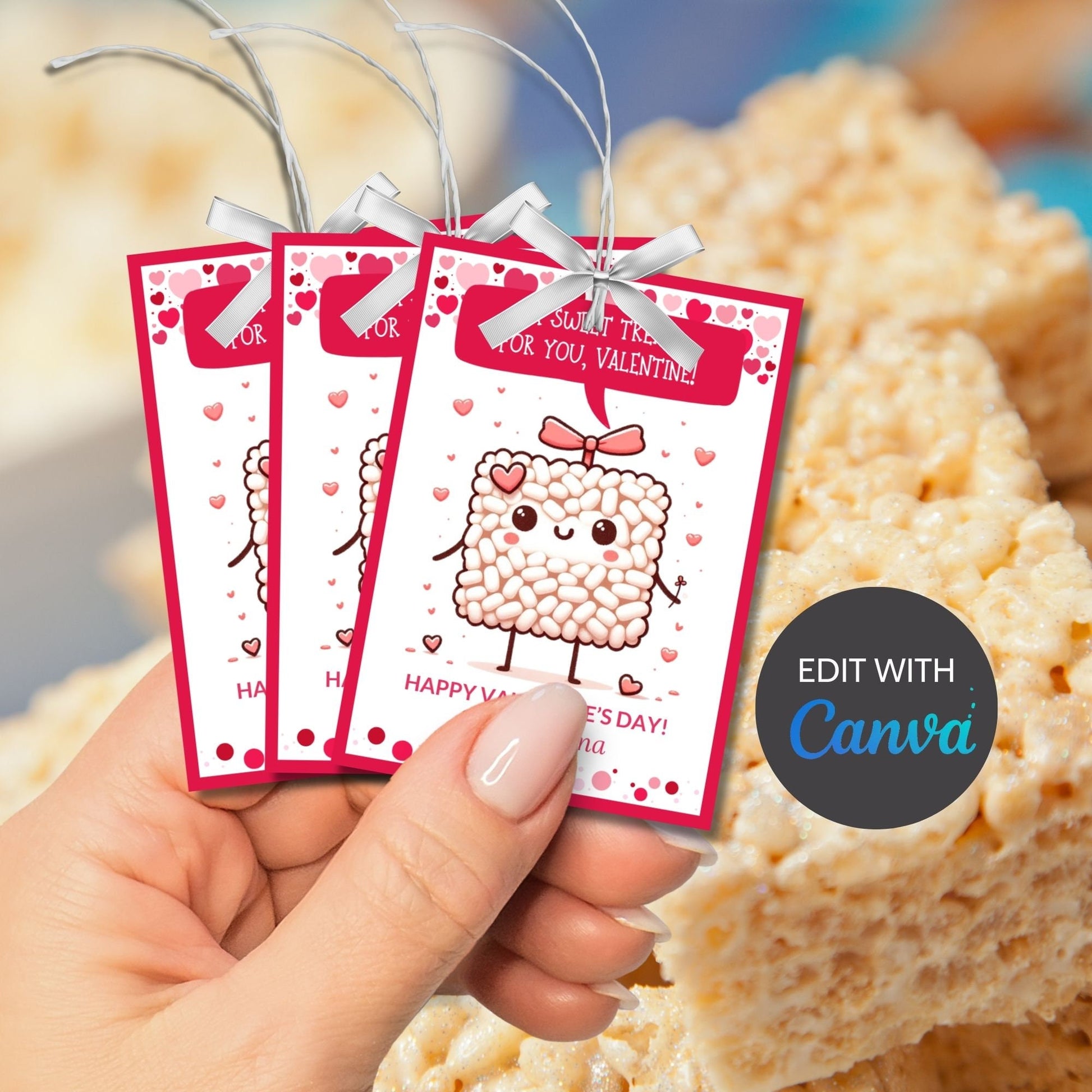 Rice Krispy Sweet Treat Printable Valentine Card Tag | Rice Crispies | Kids Classmate Classroom Friend Snack Bar Favor Tag | Editable Canva