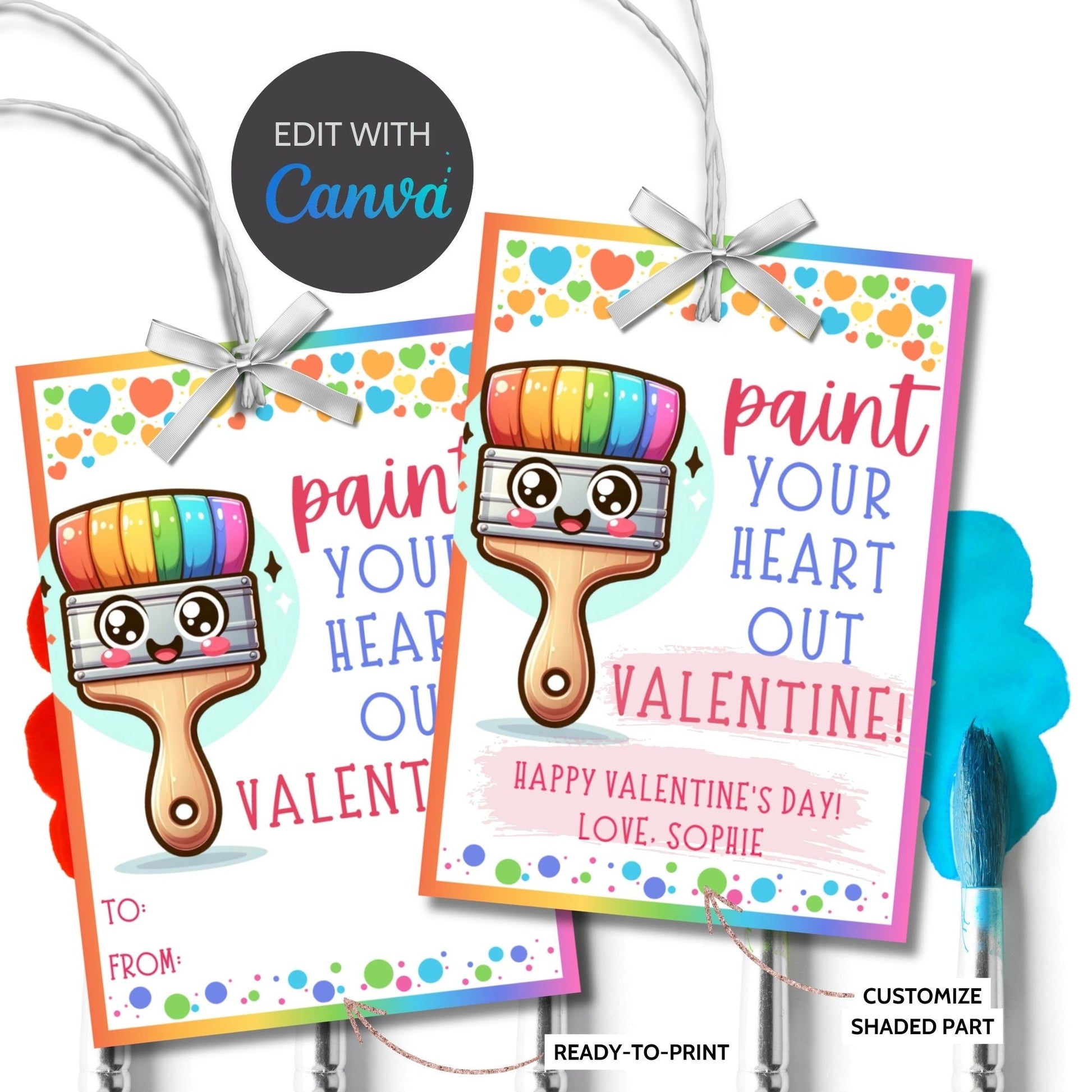 Painted Your Heart Out Valentine Printable Tag, Paint Brush Valentine Gift, Painting Palette Art Preschool Classroom, Non-Candy Editable