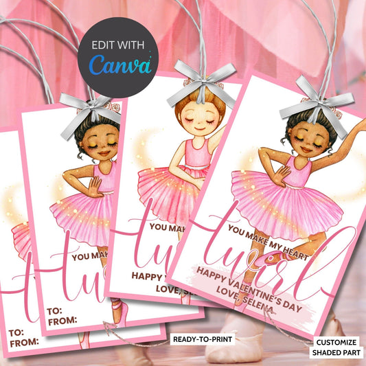 Ballerina Scrunchie Kids Valentine Printable Editable Card Tag | You Make My Heart Twirl | Ballerina School Valentine Scrunchie Card