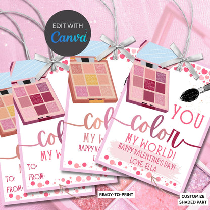 Makeup Eyeshadow Valentine Tag | You Color My World | Galentine Girlfriend Sister Friend Printable Editable Tag | Beauty | Color Palette