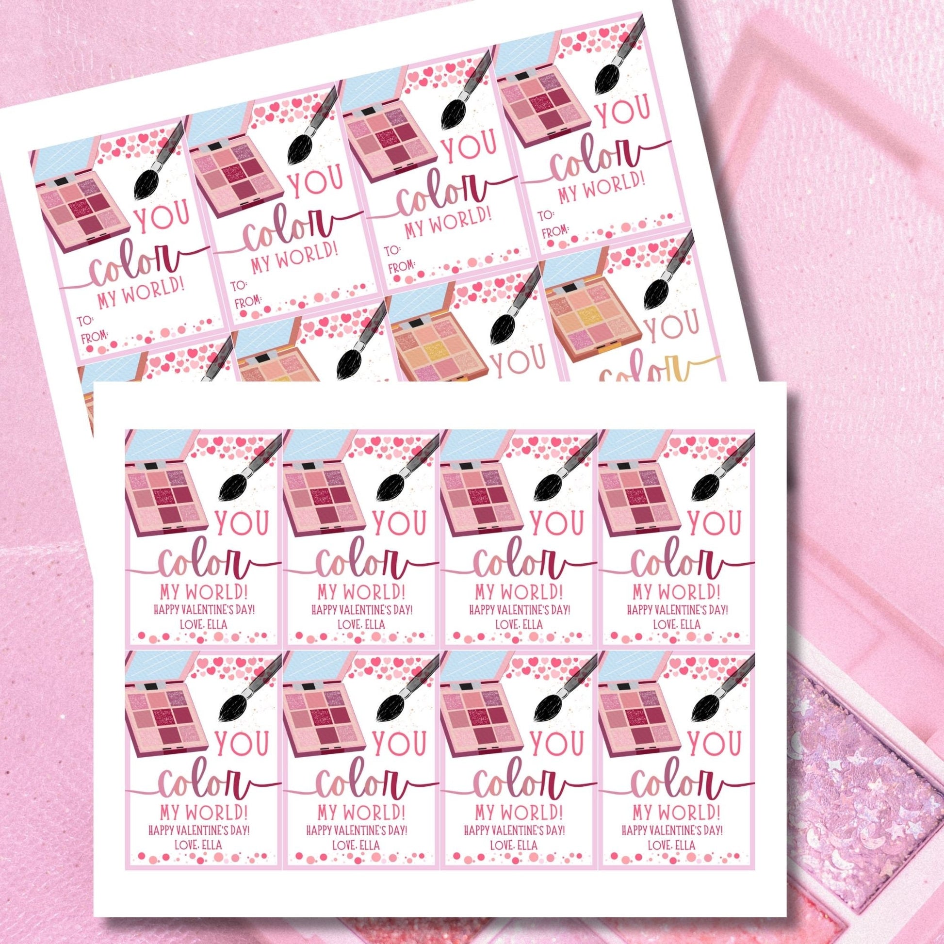 Makeup Eyeshadow Valentine Tag | You Color My World | Galentine Girlfriend Sister Friend Printable Editable Tag | Beauty | Color Palette