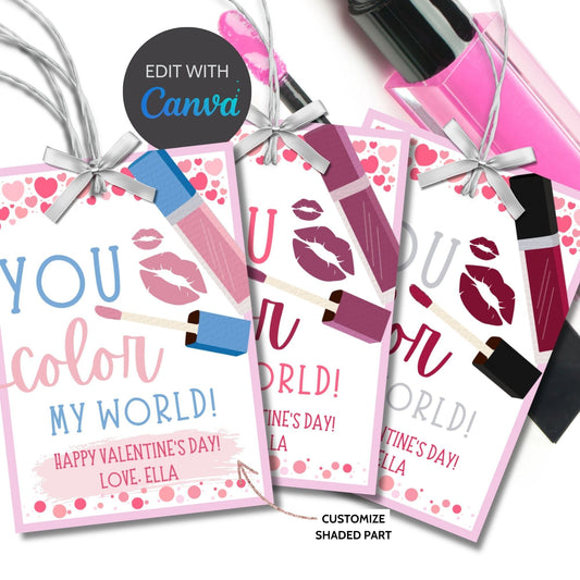 Makeup Lipgloss Valentine Tag | You Color My World | Galentine Girlfriend Sister Friend Printable Editable Tag | Beauty | Color Palette