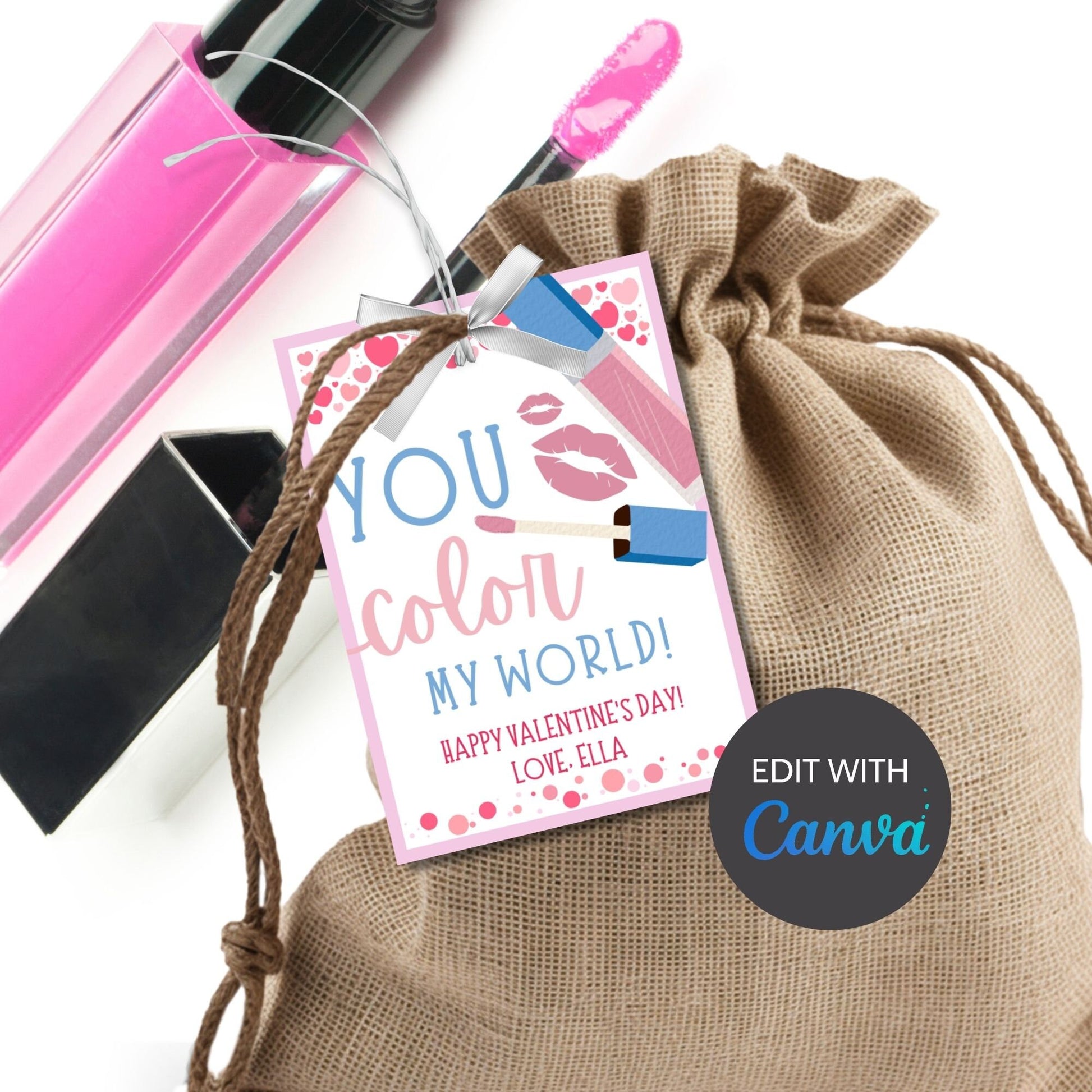 Makeup Lipgloss Valentine Tag | You Color My World | Galentine Girlfriend Sister Friend Printable Editable Tag | Beauty | Color Palette