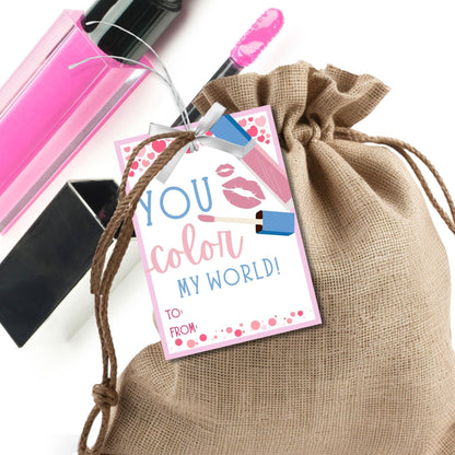 Makeup Lipgloss Valentine Tag | You Color My World | Galentine Girlfriend Sister Friend Printable Editable Tag | Beauty | Color Palette