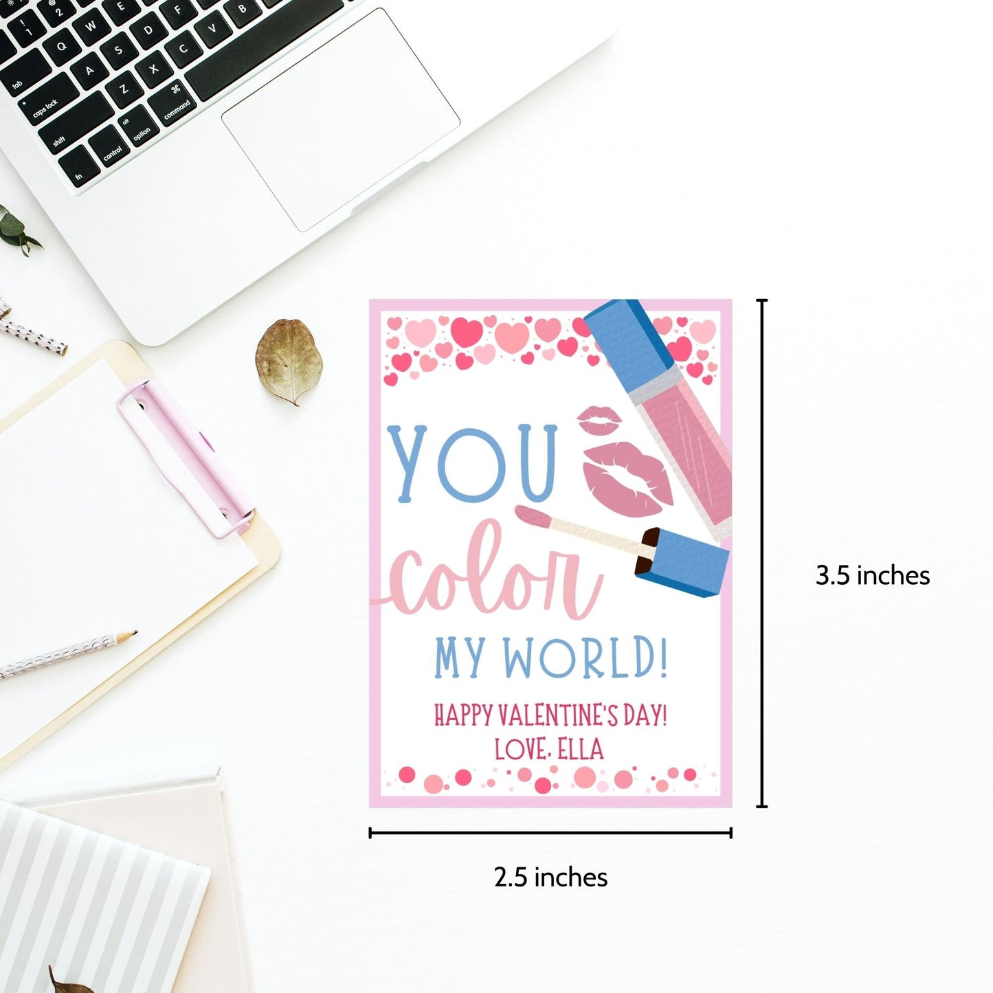 Makeup Lipgloss Valentine Tag | You Color My World | Galentine Girlfriend Sister Friend Printable Editable Tag | Beauty | Color Palette