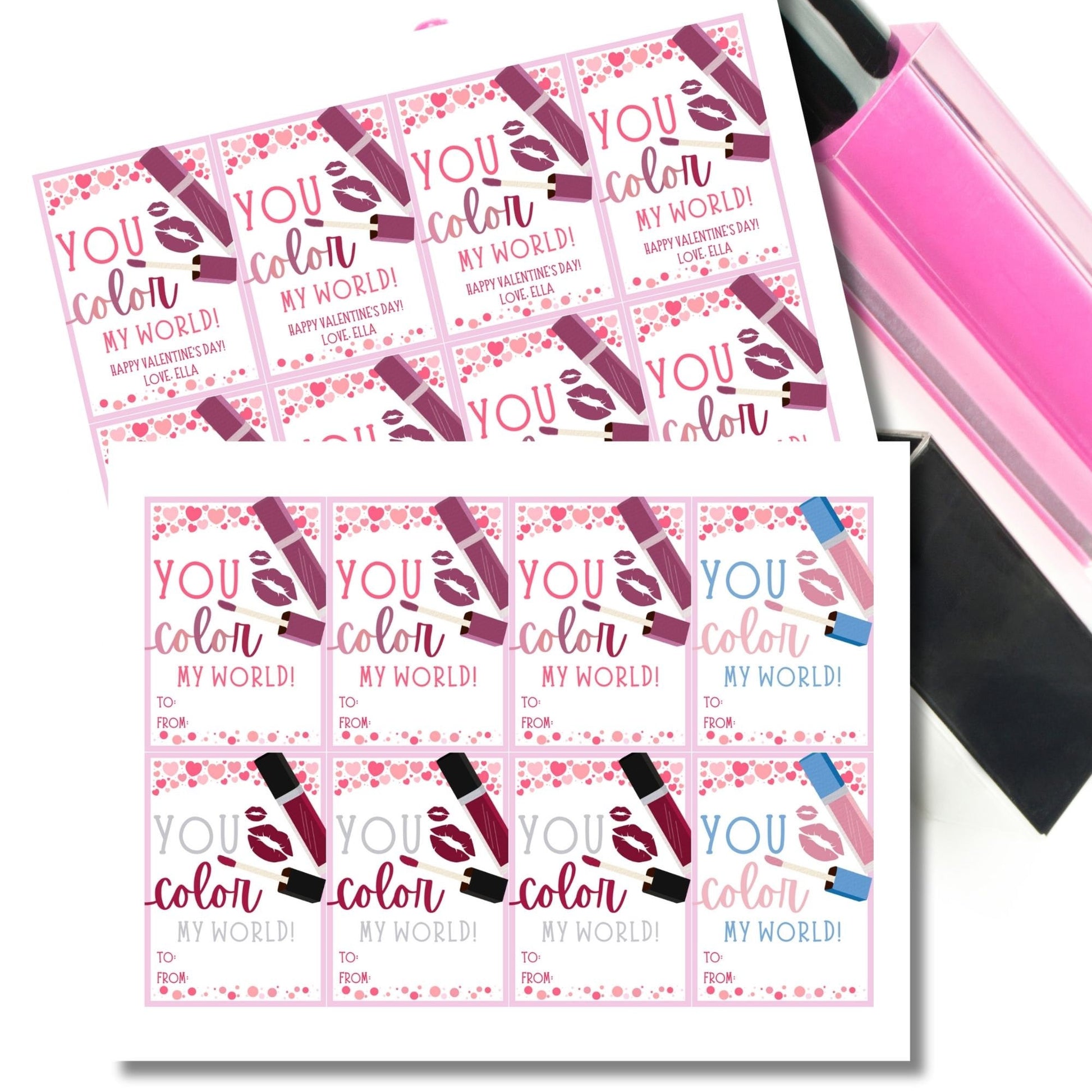 Makeup Lipgloss Valentine Tag | You Color My World | Galentine Girlfriend Sister Friend Printable Editable Tag | Beauty | Color Palette