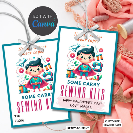 Sewing Valentine Tag Boy | Not All Heroes Wear Capes | Teacher Appreciation Class NonCandy Printable Editable Tag | Stitch | Sewing Kits