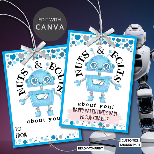 Robot Valentines Boy Printable Editable Gift Tag | Nuts Bolts About You | Class School Friend Valentines | Robot Love