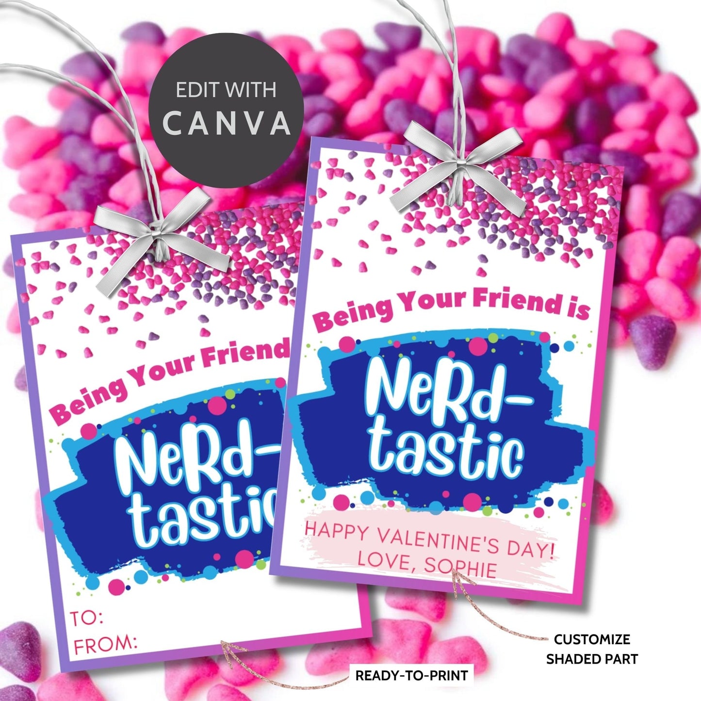 Nerds Candy Printable Editable Valentine Tag | Class Friend Valentine | Nerdtastic | Geek Chick Candy | Nerdy Valentine | Pink Purple Candy