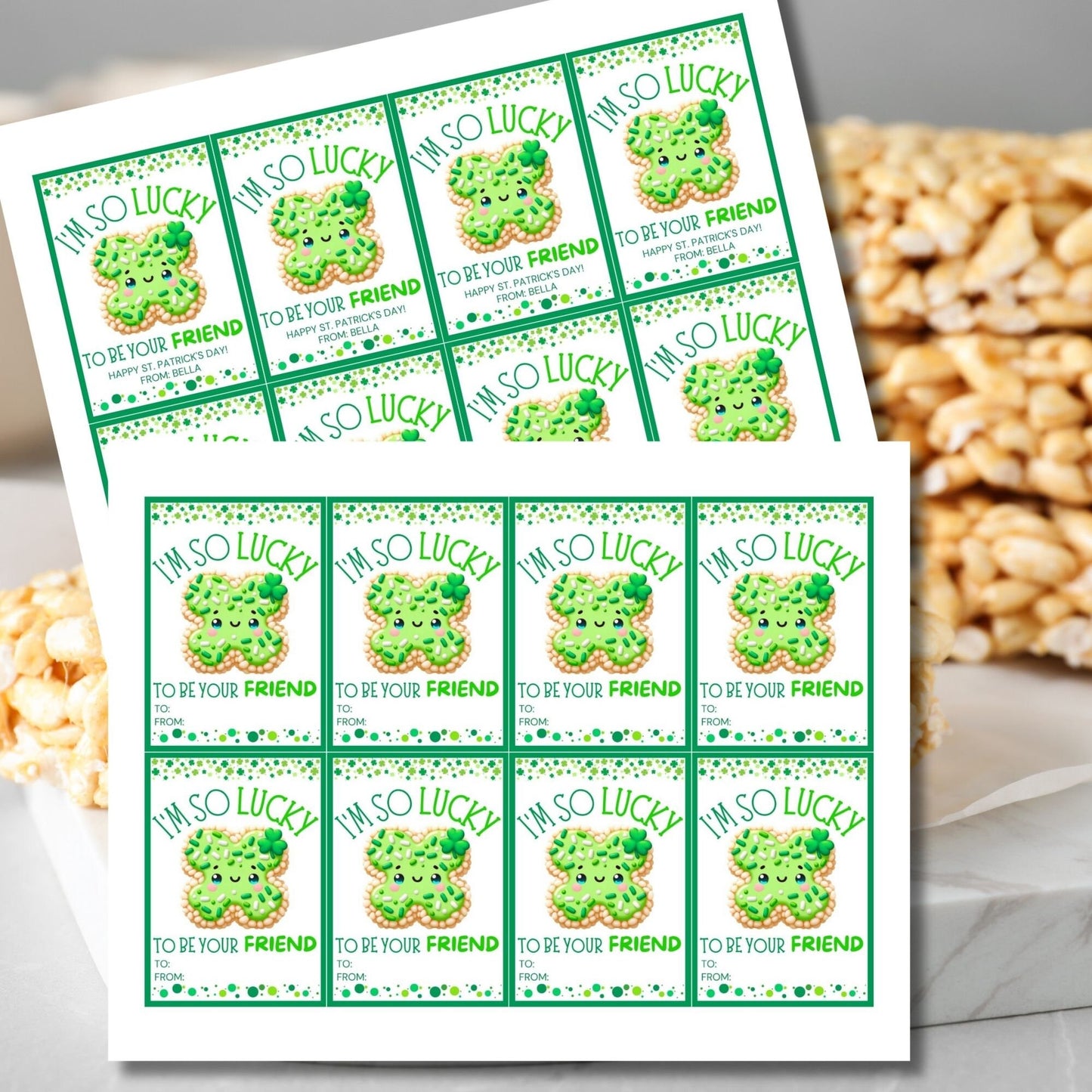 Rice Krispy Crispies Treat Printable Editable Gift Tag Girl Boy Snack Bars Clover Classmate Classroom Employee Staff Coworker Friend Client