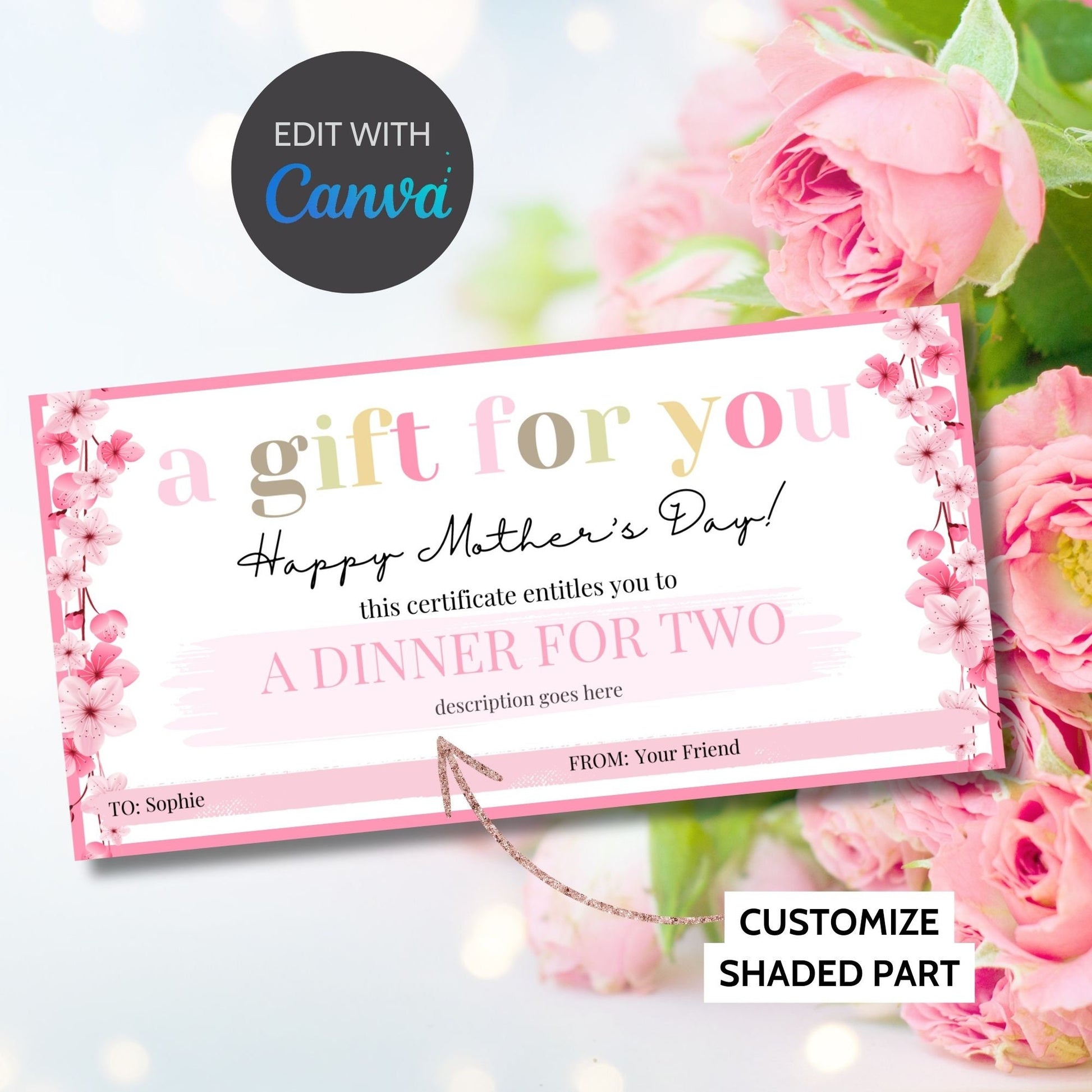 Gift Certificate Template Printable | Personalized Mothers Day Coupon | Editable Voucher | Instant Download | Client Customer Teacher Staff