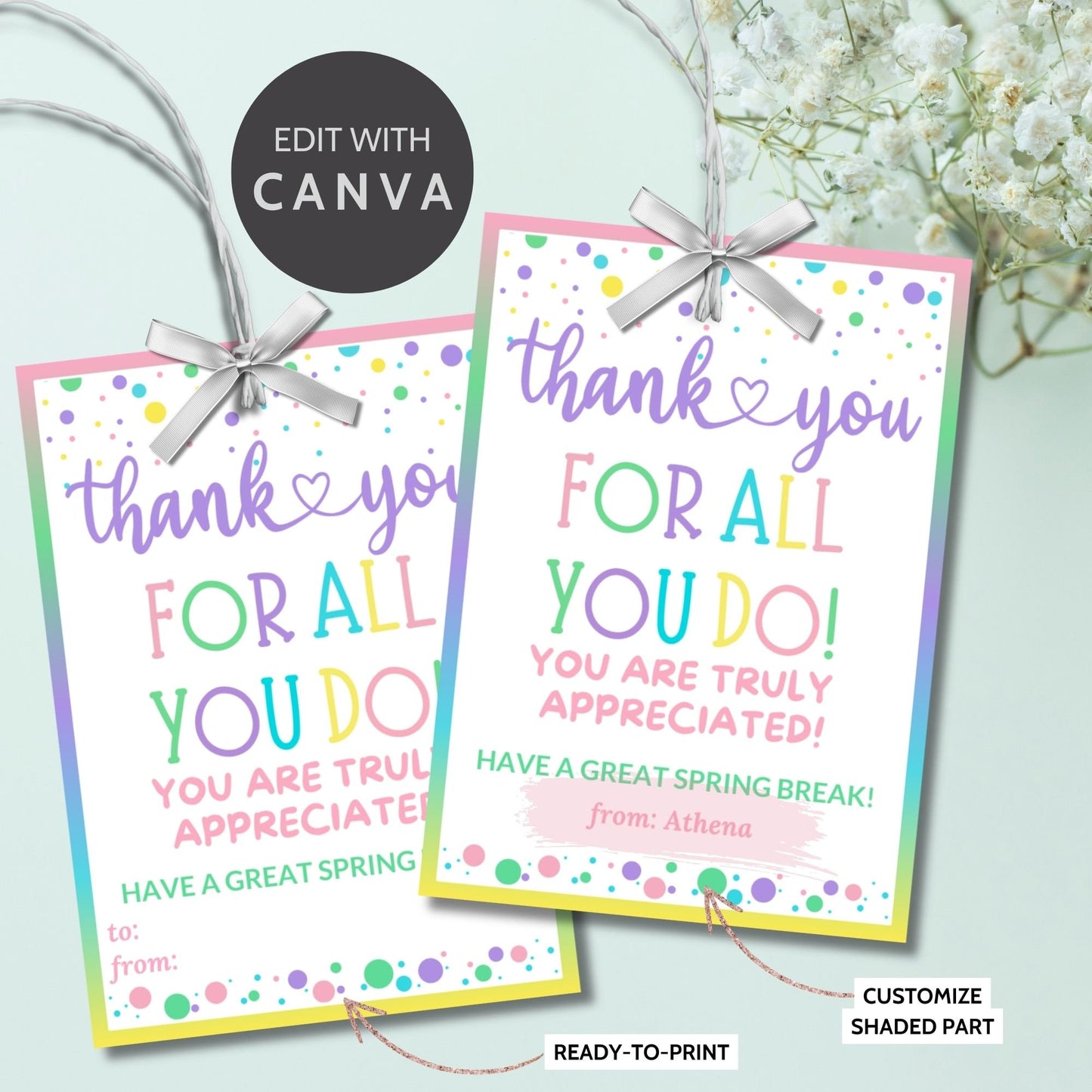 Teacher Gift Tag | Schools Out | Spring Break | Student Gift Ideas | No School | Field Trip Stickers | Canva Template | Spring Pastel