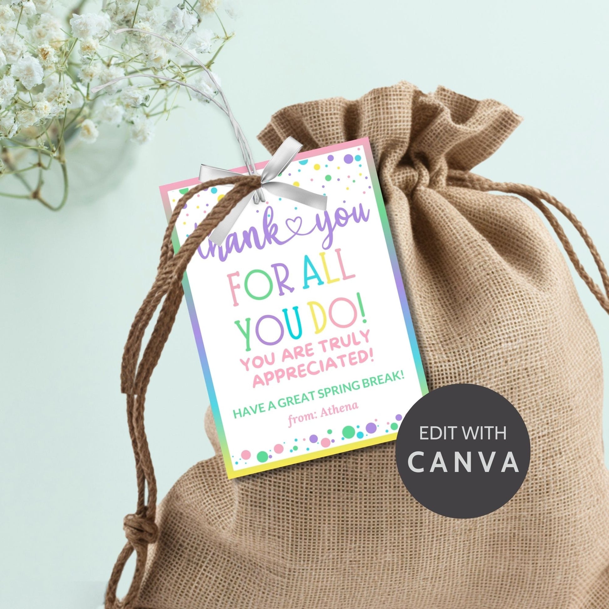 Teacher Gift Tag | Schools Out | Spring Break | Student Gift Ideas | No School | Field Trip Stickers | Canva Template | Spring Pastel