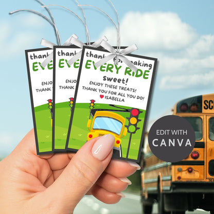 Printable bus driver appreciation tags featuring a school bus, traffic lights, road and the words Thanks for making every ride sweet. Space for a personal note included.