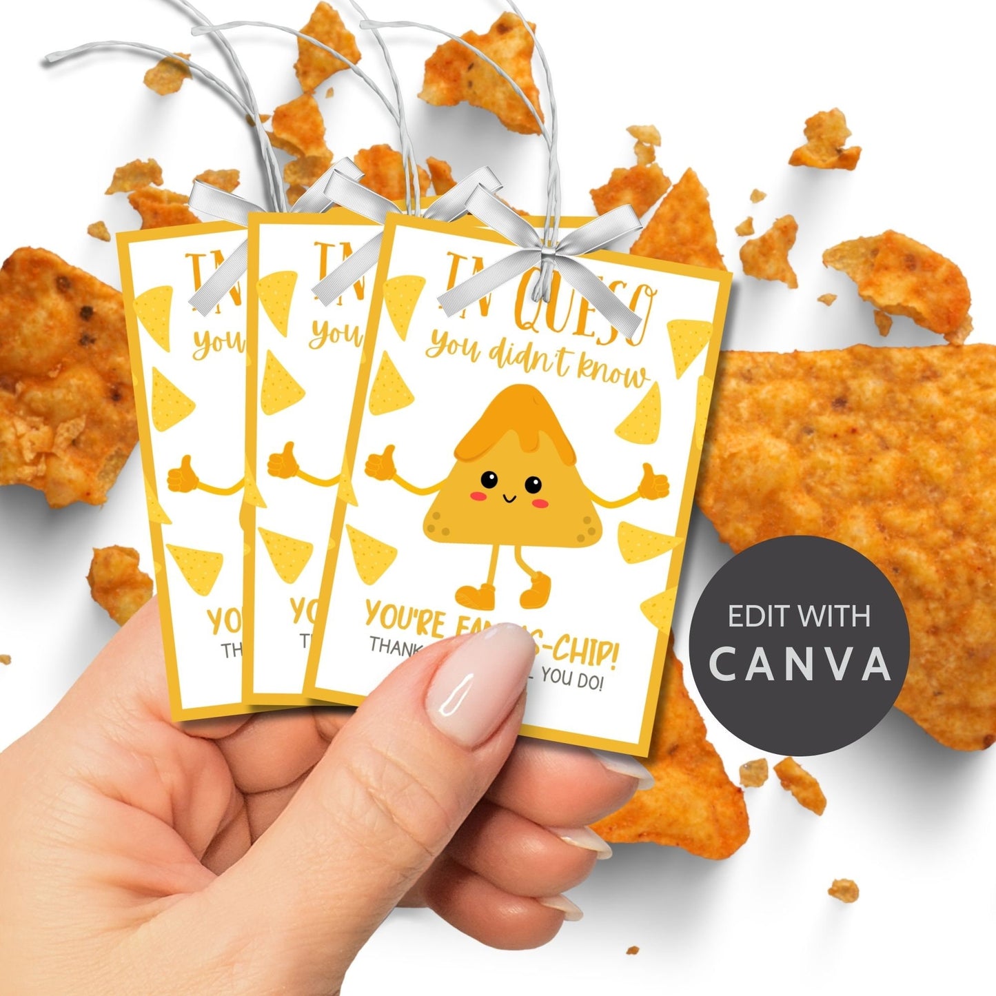 Printable In Queso You Didnt Know cheese-shaped character gift tags with editable name feature, surrounded by chips. Ready for personalization.