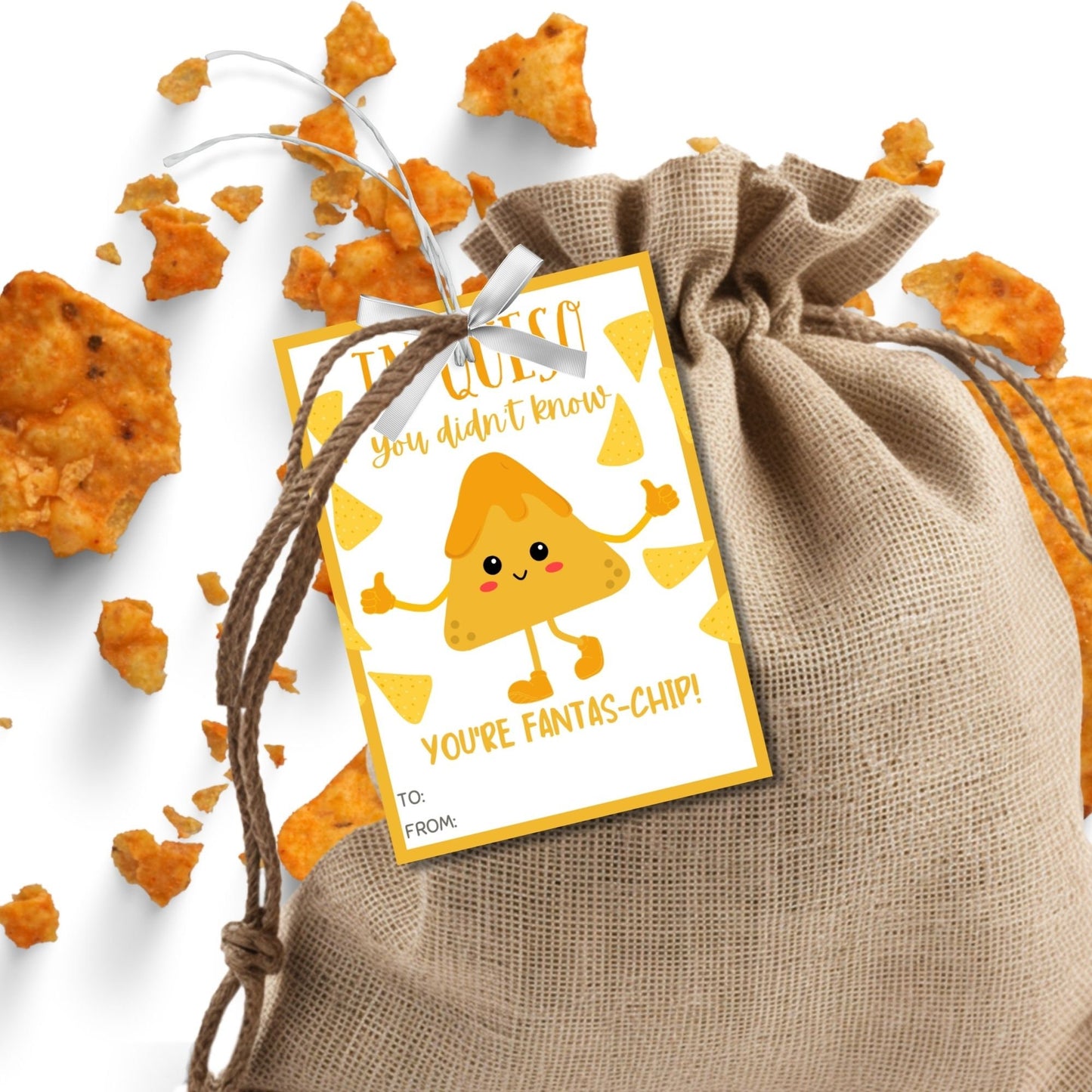 Printable In Queso You Didnt Know cheese-shaped character gift tags with editable name feature, surrounded by chips. Ready for personalization.