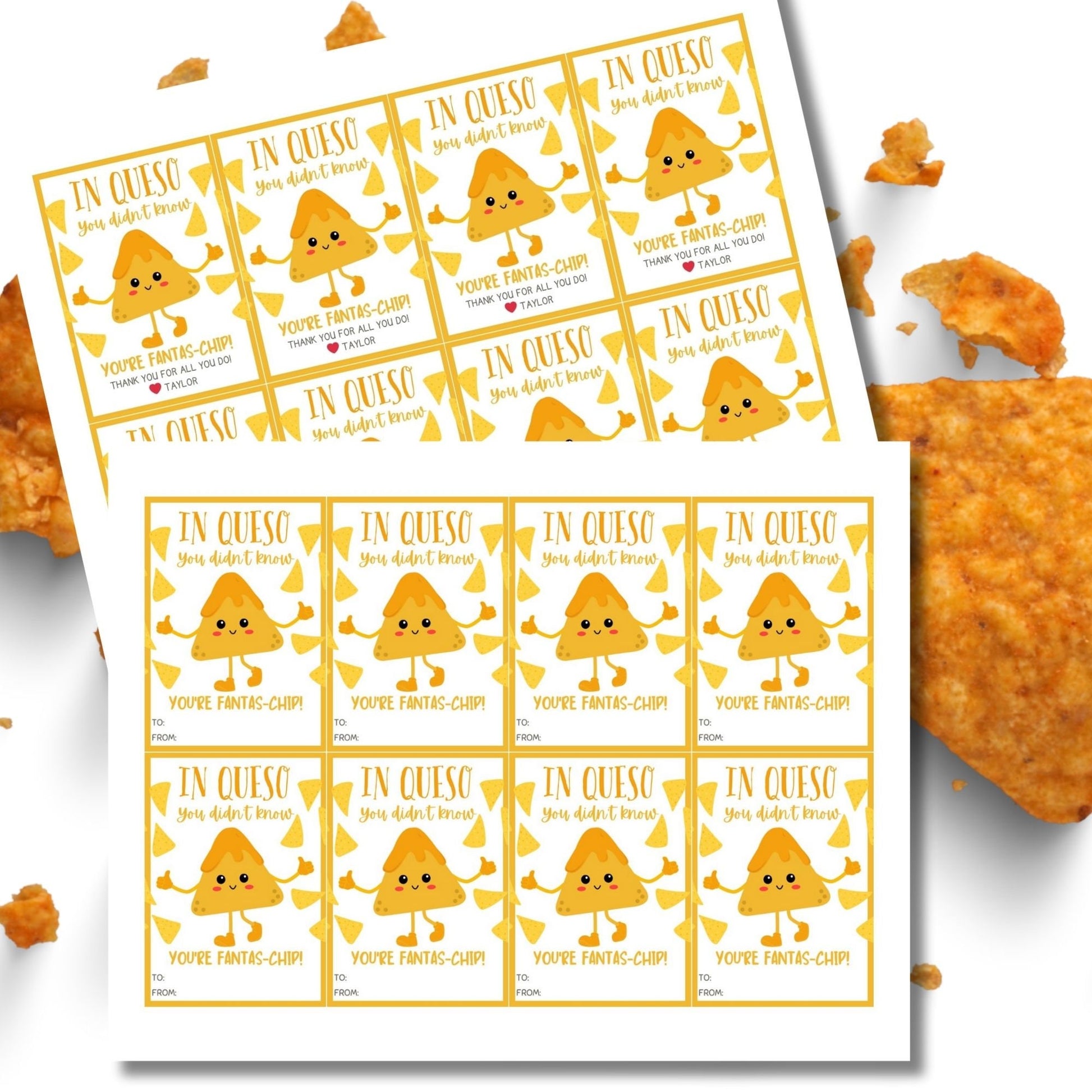 Printable In Queso You Didnt Know cheese-shaped character gift tags with editable name feature, surrounded by chips. Ready for personalization.