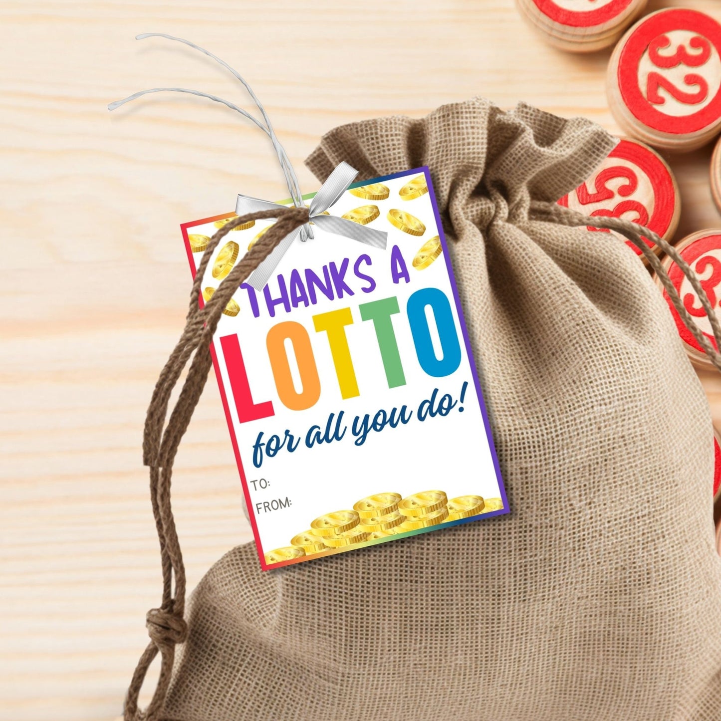 Colorful Thanks a Lotto for all you do! gift tags with coin illustrations, customizable name slot, perfect for showing gratitude.