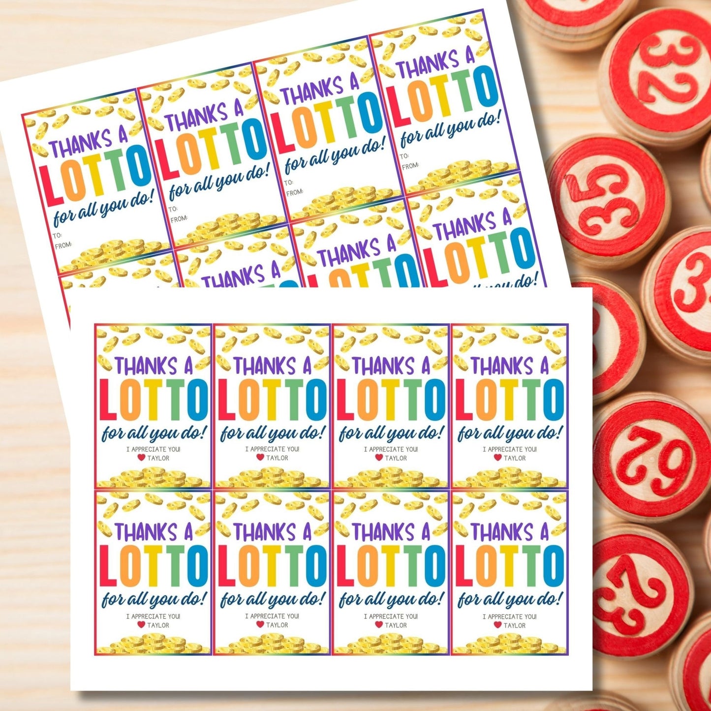 Colorful Thanks a Lotto for all you do! gift tags with coin illustrations, customizable name slot, perfect for showing gratitude.