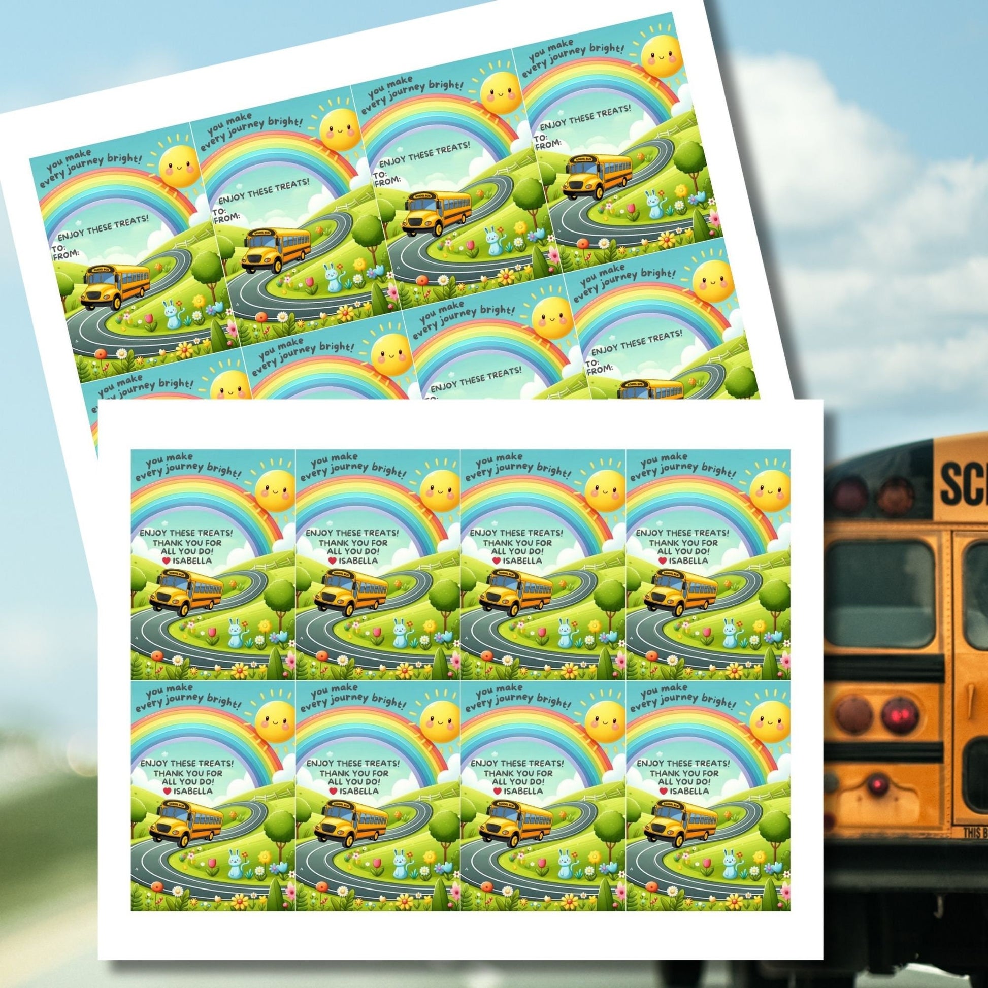 Printable bus driver appreciation tags featuring a schol bus, bright sun, cheerful road scene with flowers and trees, and the words You make every journey bright. Space for a personal note included.