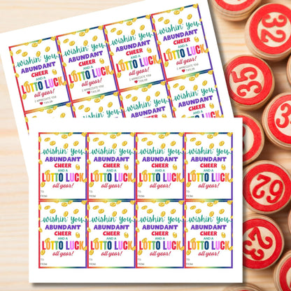 Colorful Wishin you abundant cheer and a lotto luck all year!&#39; gift tags, editable for personalization, adorned with golden coins.