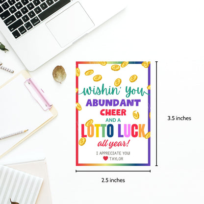 Colorful Wishin you abundant cheer and a lotto luck all year!&#39; gift tags, editable for personalization, adorned with golden coins.