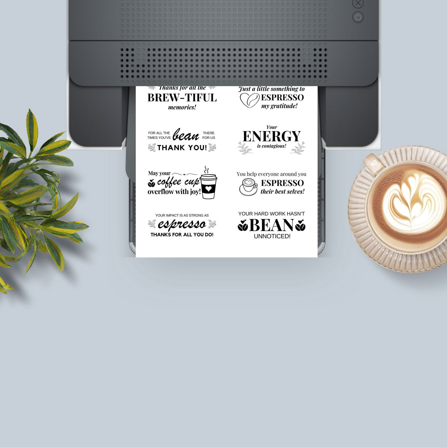 A set of 20 coffee-themed appreciation stickers with playful puns, in black and white, sized 2x4 inches for Avery 5163 or ULINE S-19321 template, ideal for various professionals.