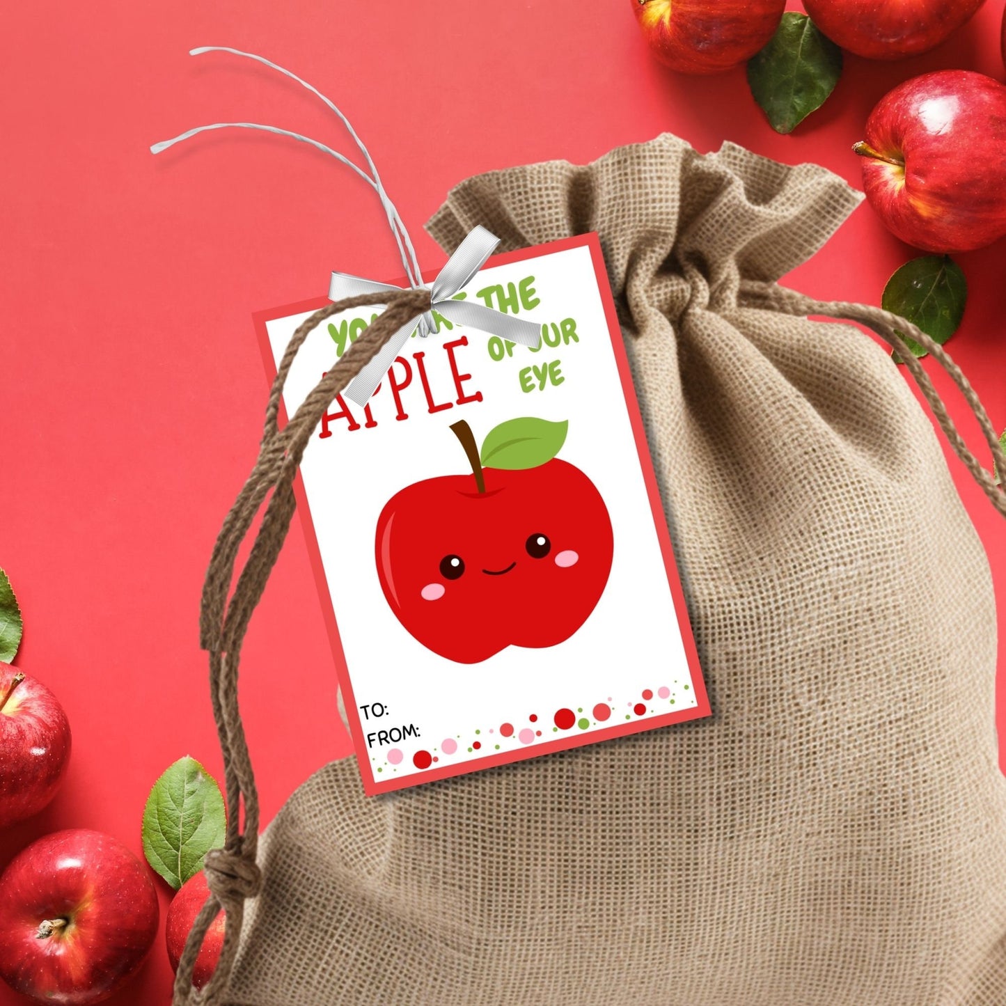 Printable red apple gift tags with You are the Apple of Our Eye phrase, space for teacher name, from student, ready for customization