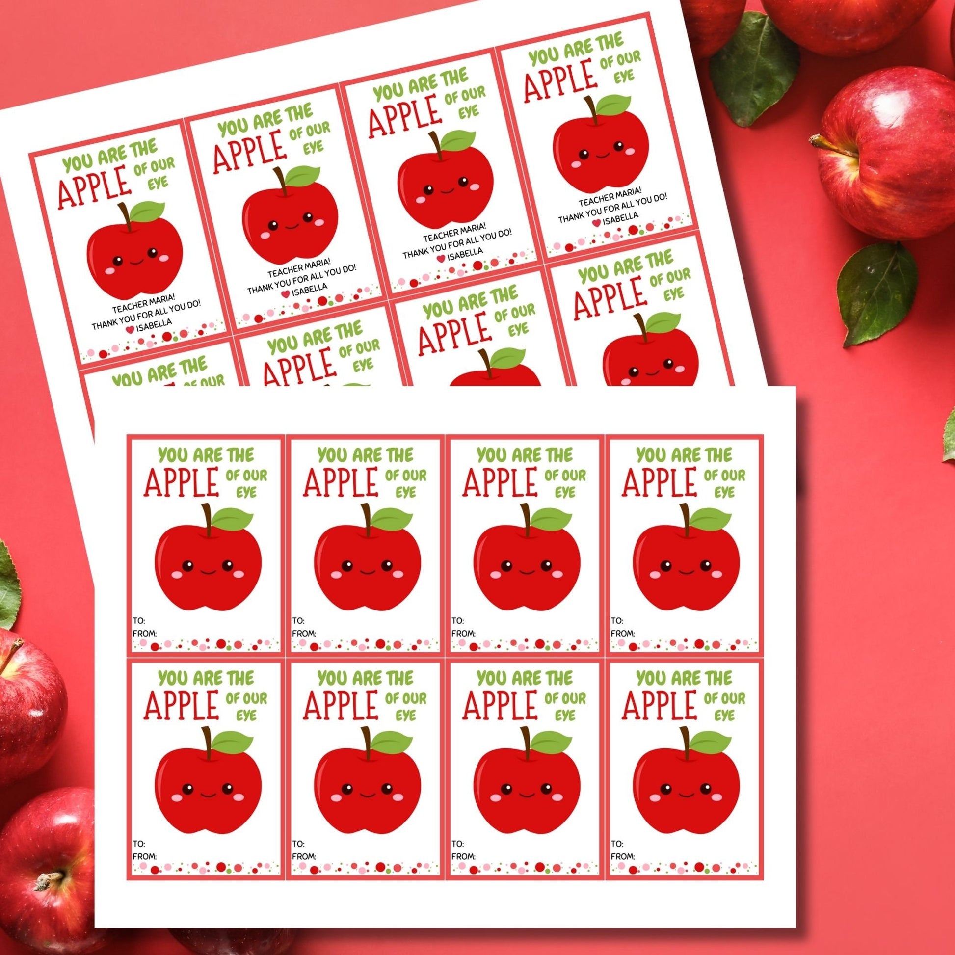 Printable red apple gift tags with You are the Apple of Our Eye phrase, space for teacher name, from student, ready for customization