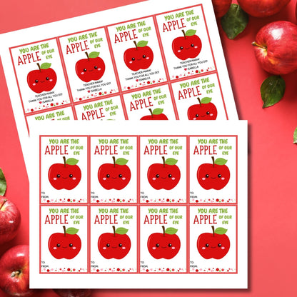 Printable red apple gift tags with You are the Apple of Our Eye phrase, space for teacher name, from student, ready for customization