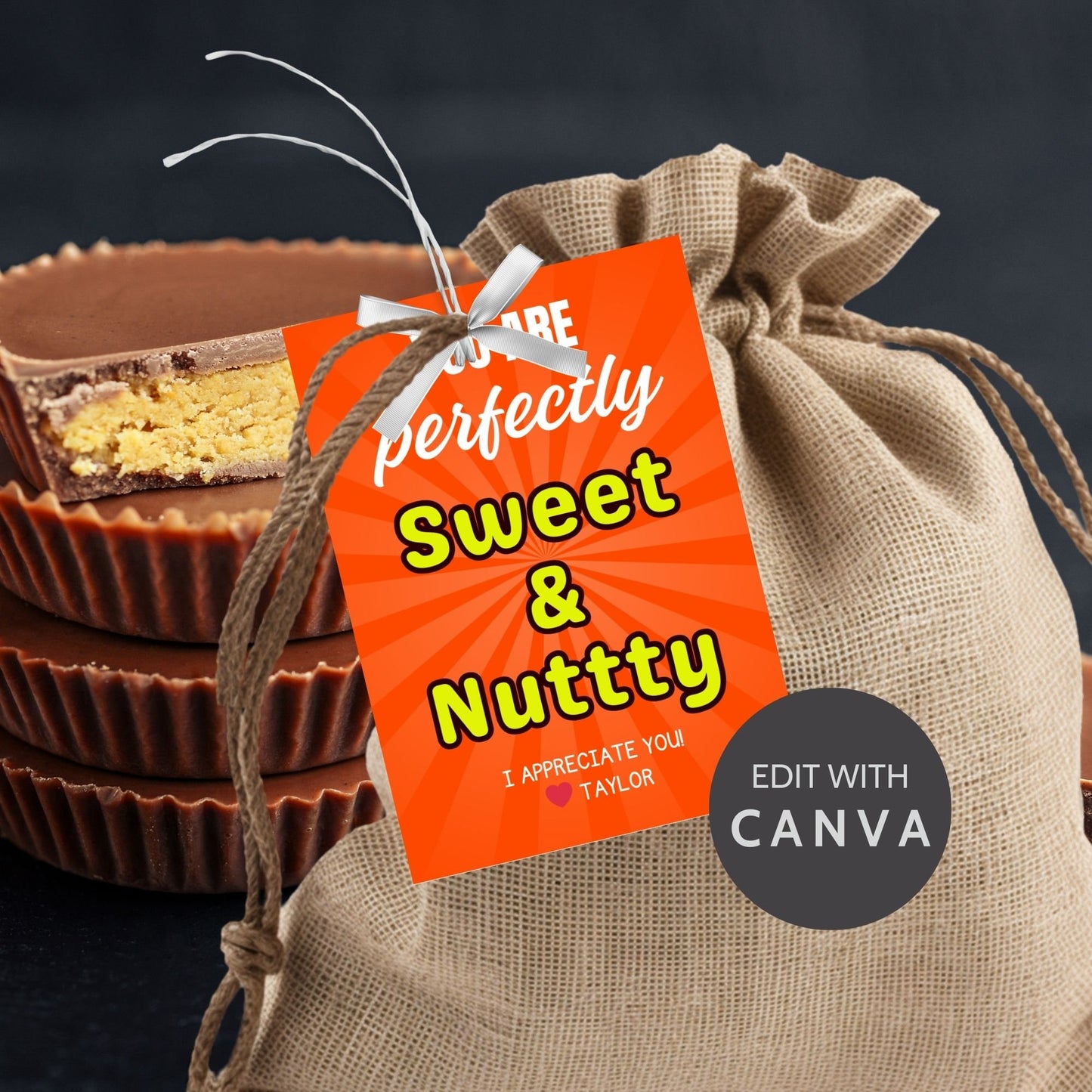 Vibrant orange gift tags with You are perfectly Sweet & Nutty text, editable for personalization, ideal for pairing with chocolate treats.