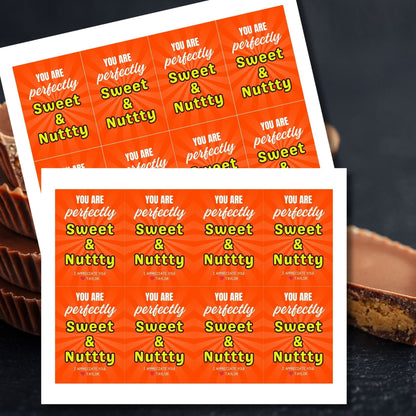 Vibrant orange gift tags with You are perfectly Sweet & Nutty text, editable for personalization, ideal for pairing with chocolate treats.