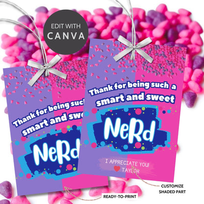 Vibrant pink Smart & Sweet Appreciation gift tags with space for custom names, ready for printing, great for gifting with colorful treats.