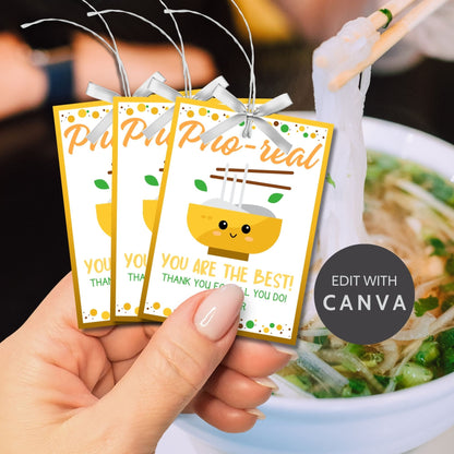 Cheerful Pho-real, You Are the Best! printable gift tags with a cute pho bowl illustration, editable name area, in a warm color palette.