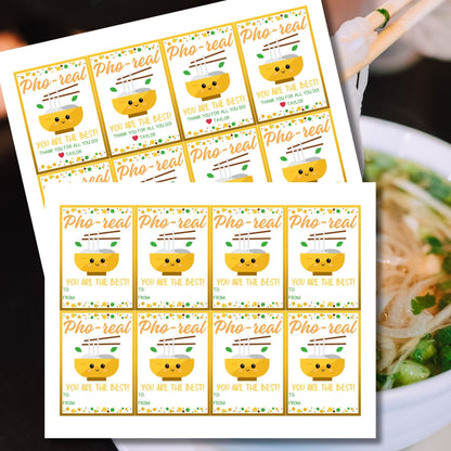 Cheerful Pho-real, You Are the Best! printable gift tags with a cute pho bowl illustration, editable name area, in a warm color palette.