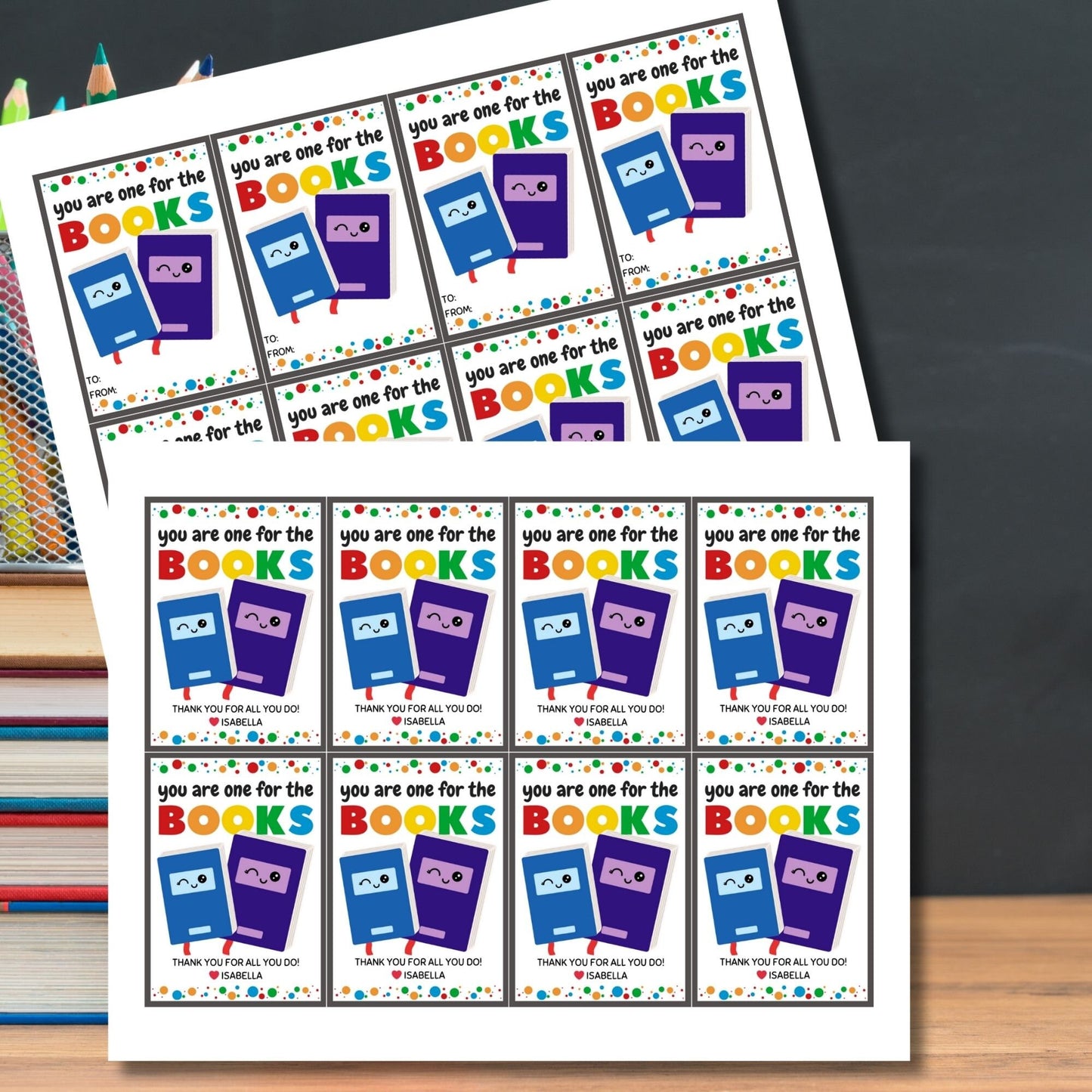 Colorful You are one for the Books printable gift tags with adorable book characters, editable name section, for teachers and staff.