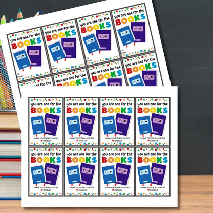 Colorful You are one for the Books printable gift tags with adorable book characters, editable name section, for teachers and staff.