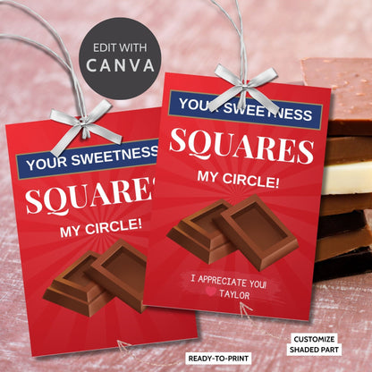 Red Your Sweetness Squares My Circlebgift tags, ideal for chocolate treats, with editable name field, in a downloadable PDF format.