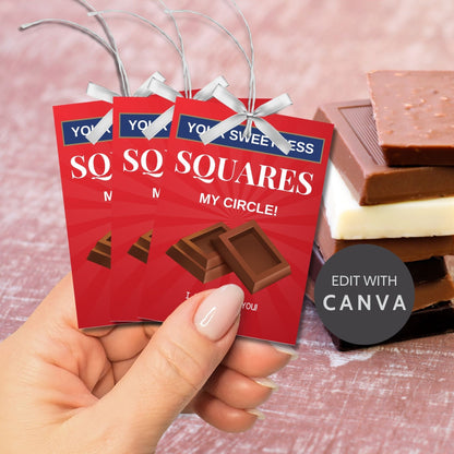 Red Your Sweetness Squares My Circlebgift tags, ideal for chocolate treats, with editable name field, in a downloadable PDF format.
