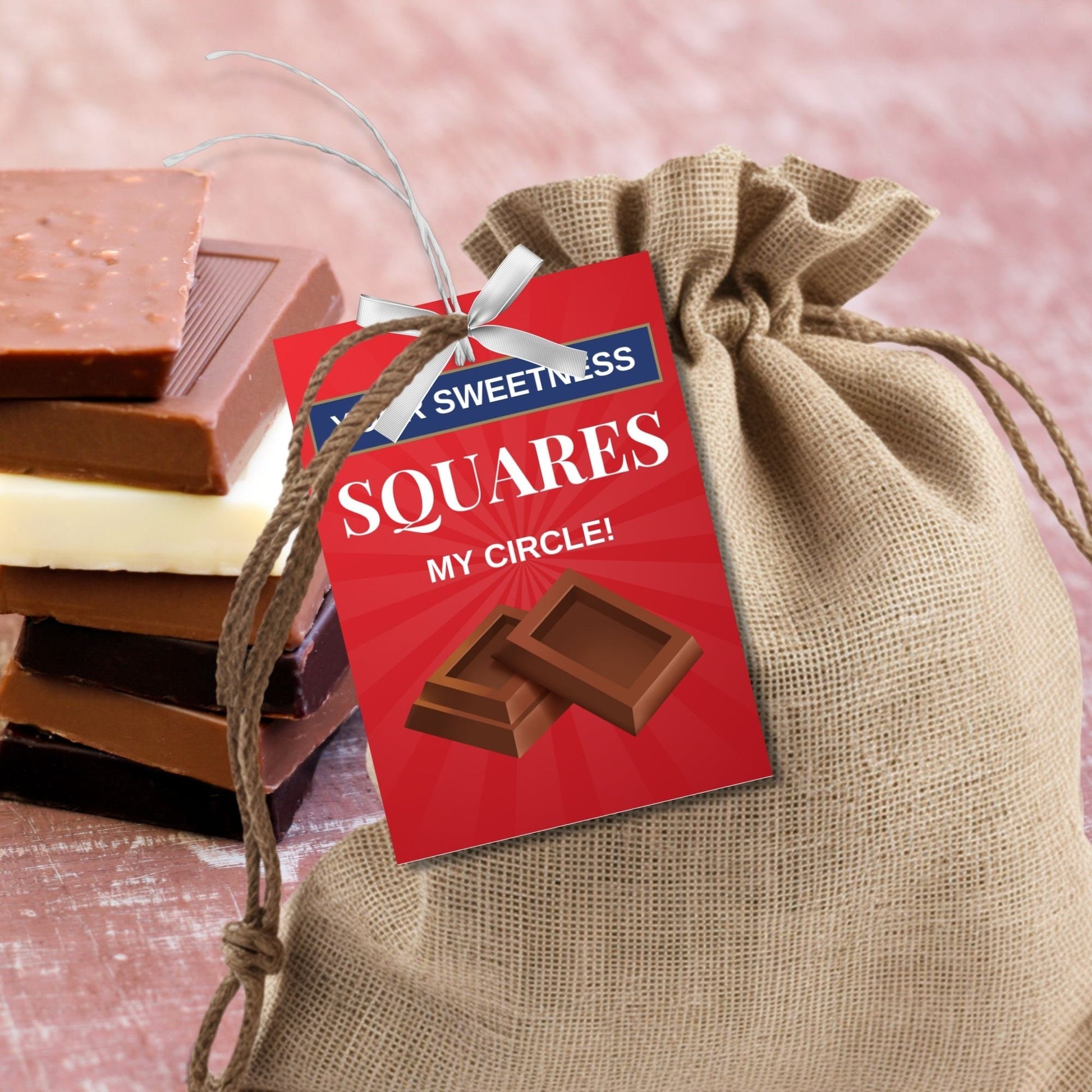 Red Your Sweetness Squares My Circlebgift tags, ideal for chocolate treats, with editable name field, in a downloadable PDF format.