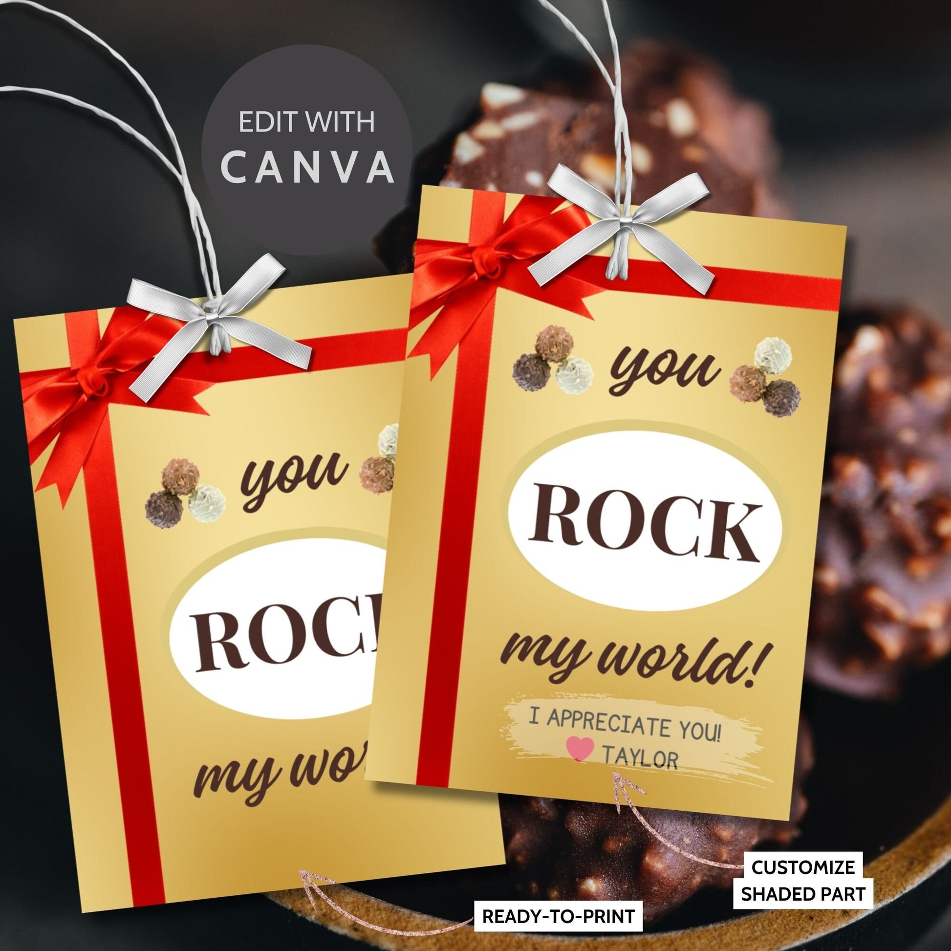 Elegant gold You ROCK my world! gift tags with red ribbon graphic, ready for a special touch with editable name feature.