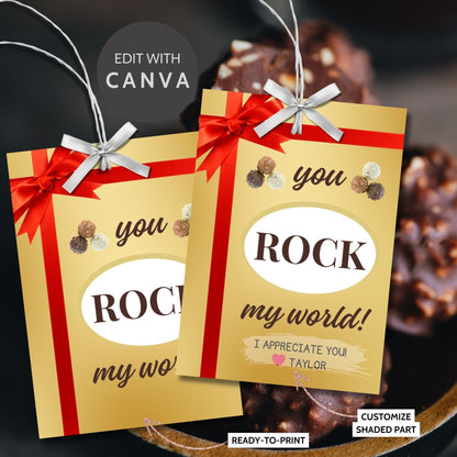 Elegant gold You ROCK my world! gift tags with red ribbon graphic, ready for a special touch with editable name feature.