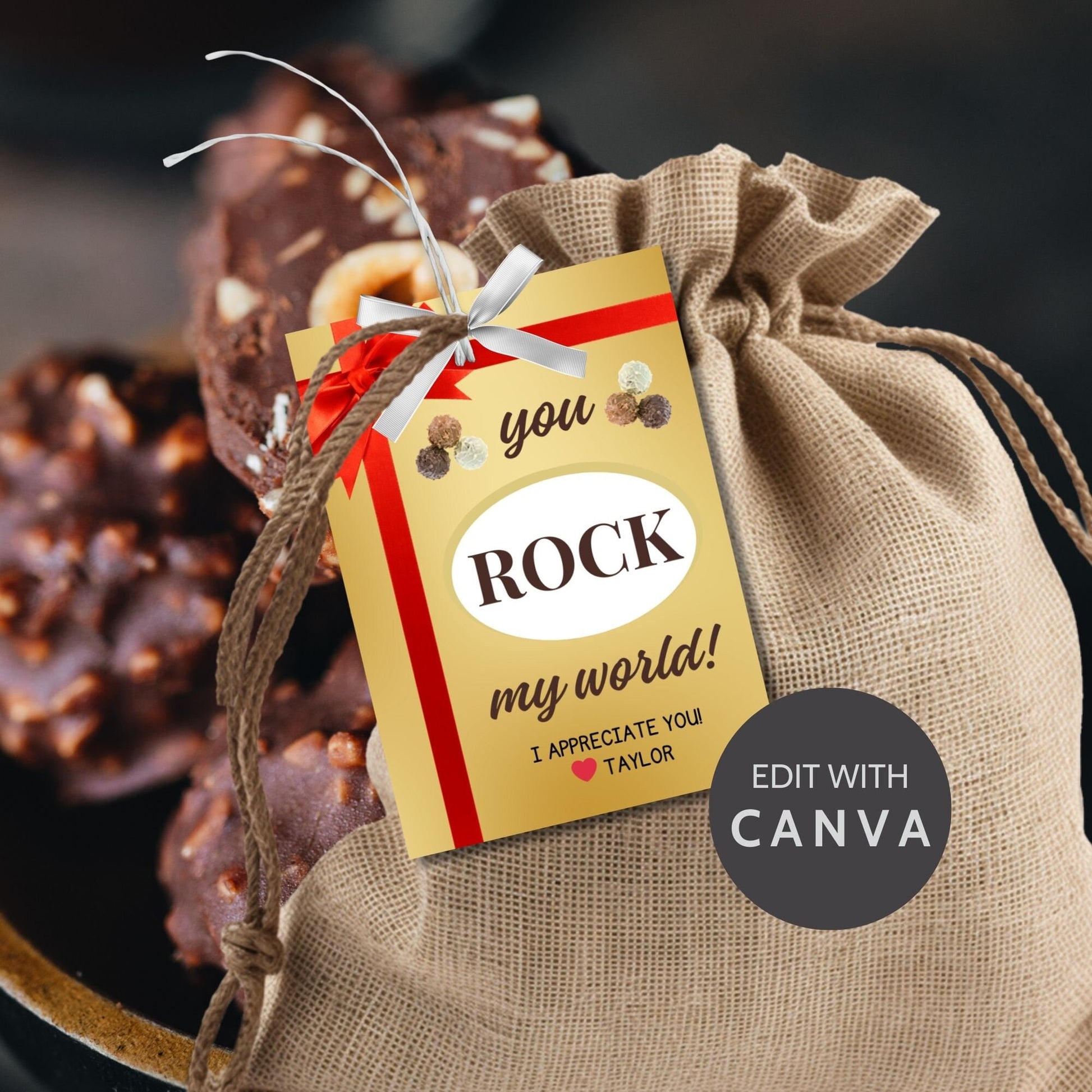 Elegant gold You ROCK my world! gift tags with red ribbon graphic, ready for a special touch with editable name feature.